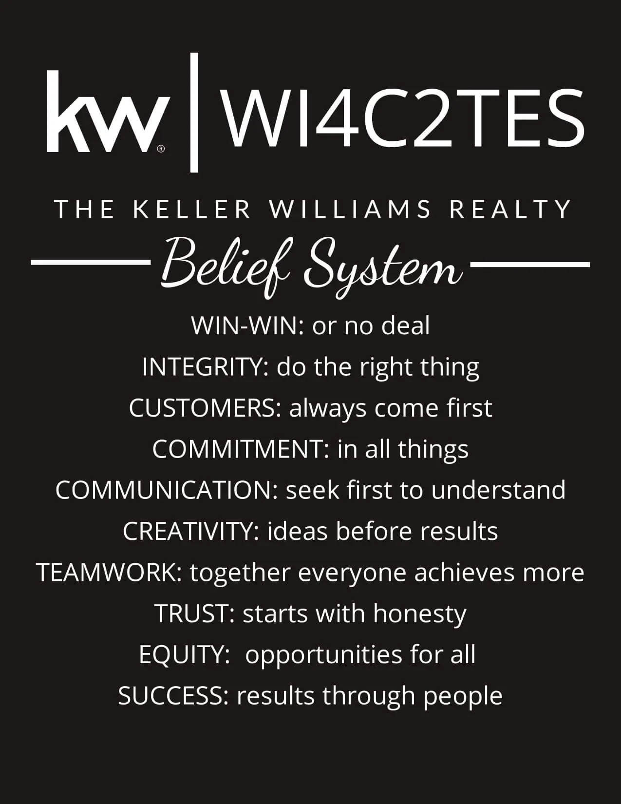 Belief System win-win or no deal integrity means do the right thing customers always come first commitment in all things communication means seek first to understand creativity is ideas before results teamwork means together everyone achieves more trust starts with honest equity is opportunities for all success is results through people